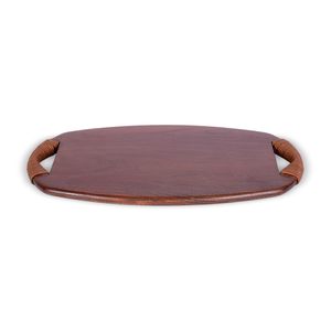 Plateau de service ovale en bois d'acacia couleur noyer avec poignée en cuir, artisanal et décoratif, prix réduit pour les acheteurs en gros - Product Image 1