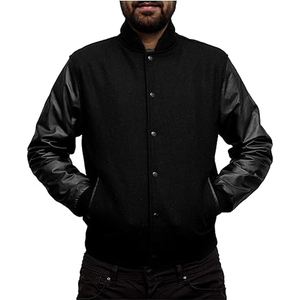 Veste universitaire en laine respirante épaisse, personnalisée, noire, avec col montant et logo frontal, prix de gros abordable - Product Image 1