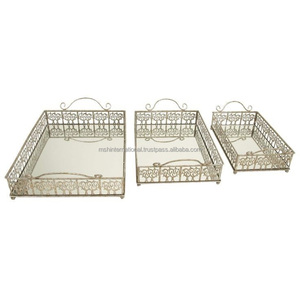 Oval Metal Decorative Trays Set Of 2 With Mirror Base And Handle Traditional Design For <b>Home</b> Decoration - Product Image 5