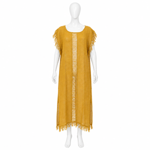 Robe Kaftan Midi Femme Moutarde avec Franges et Panneaux Transparents Légère Style Bohème pour l'Été, la Plage, les Vacances, Tenue Décontractée ou Tunique de Plage - Product Image 1