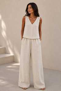 Conjunto de Top Corto sin Mangas con Cuello Redondo en Spandex/Algodón Blanco para Mujer con Pantalones Anchos de Lona, Estilo Minimalista, Tejido Transpirable - Product Image 4