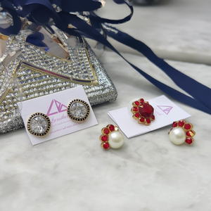 Designer Pearl and <b>Red</b> Stud <b>Earrings</b> Set-Gold Plated Zinc Alloy with Diamond Accents Trendy Geometric Gift - Product Image 3