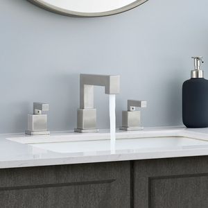 Rubinetto da Bagno Moderno a 3 Fori con Design a Cascata e 2 Maniglie, Finitura Nichel Spazzolato per Lavabo - Product Image 6