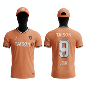 Maillot de football pour hommes en tissu polyester interlock premium respirant, orange, motif nid d'abeille, logo sublimé, transfert thermique. - Product Image 3