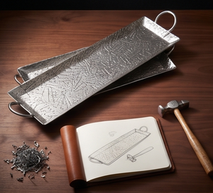 Plateau en argent texturé de style minimaliste contemporain, objet sculptural d'art, ensemble de vaisselle pour la cuisine et la salle à manger - Product Image 5