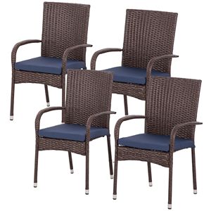 Sedia da pranzo impilabile in rattan PE per esterni con cuscino blu e braccioli per patio - Product Image 1