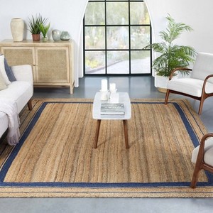 Coastal Style Jute Area Rug Rectangle Striped Pattern Flat Weave Non Slip Outdoor Use Natural Beige with Navy Border - Product Image 4
