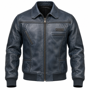 Nueva Tendencia Chaqueta de Cuero Genuino de Piel de Vaca Azul Pizarra para Hombre, Estilo Aviador Vintage, Abrigo Bomber Pesado para Invierno, Proveedor - Product Image 1