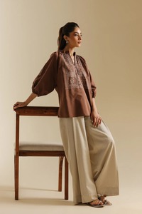 Brown Embroidered Women Kurta Palazzo Pants Set Indian Pakistani Clothing for Daily Wear - Product Image 6