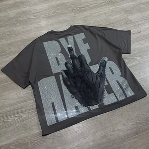 Camiseta Gráfica Oversize de Alta Calidad para Hombre, Estilo Urbano Hip-Hop, con Dobladillo Desgastado y Transferencia de Diamantes de Imitación, Nueva Moda - Product Image 2