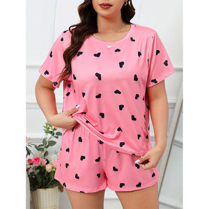 Conjunto de Pijama Personalizado para Mujer, Estampado de Corazones Rosados, Manga Corta, Ropa de Dormir Informal de 2 Piezas, Tejido de Algodón, Ropa de Estar por Casa para Verano - Product Image 1