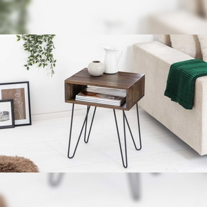 Table d'appoint en bois écologique et durable Vandana SCORPION 55 cm, table de chevet en acacia avec étagère et pieds en métal - Product Image 3