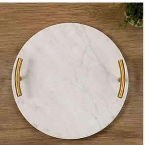 Round Marble <b>Storage</b> Tray With Gold Handles Modern Design Durable Indoor <b>Tabletop</b> Accessory Living Room Decor - Product Image 3