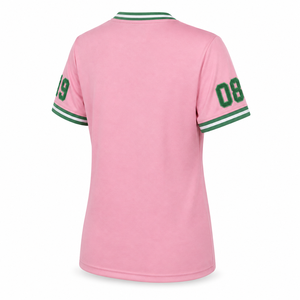 Custom Women's Sorority T Shirt <b>Pink</b> Green Cotton V Neck Ringer Chenille Patch Contrast Trim Greek Apparel Wholesale <b>Plus</b> <b>Size</b> - Product Image 3