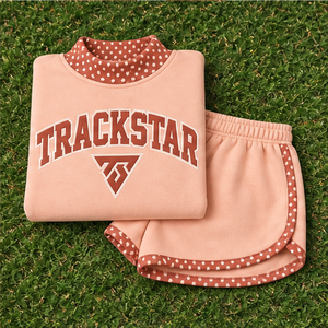 Women's Peach Contrast Polka Trim Mock Neck 2-Piece <b>Shorts</b> <b>Set</b> Custom Casual Sportswear - Product Image 6
