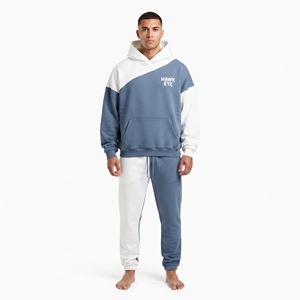 Ensemble de jogging homme personnalisé épais bicolore, comprenant un sweat à capuche oversize à épaules tombantes et un bas de survêtement coupe décontractée à blocs de couleur contrastants - Product Image 5