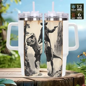 Vaso Térmico Personalizado de 40 oz, Taza de Viaje de Acero Inoxidable con Diseño de Vaquero Montando a un Dinosaurio - Product Image 2