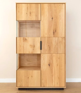 Buffet moderne en bois massif, écologique et durable, avec panneaux surélevés, découpes géométriques, vitrine à panneaux de verre, 5 pieds+, pour salon - Product Image 2