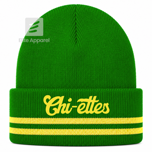 Bonnet en tricot personnalisé Chi Eta Phi Sorority, vert et jaune, style décontracté, logo brodé avec rayures pour femme - Product Image 1