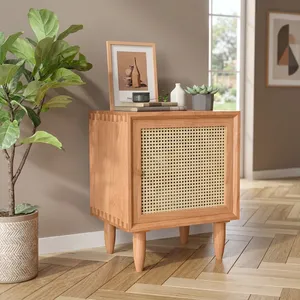 Solid Wood Rattan Caning One Door Two Compartment <b>Bedside</b> <b>Table</b> Natural Cane Cabinet Wooden Stand Bedroom Living Room Furniture - Product Image 4