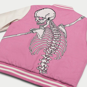 Pink Varsity <b>Jacket</b> with Skeleton Embroidery Crew Neck Collar Men's <b>Punk</b> Style Regular Fit Winter Wear - Product Image 6