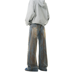 Men's Wide Leg Distressed Denim Jeans High Waist Ripped Loose Fit Streetwear Cotton Midweight Autumn Style - Product Image 2