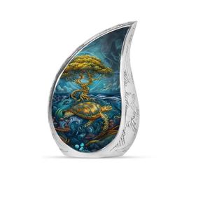 โกศรูปหยดน้ำสำหรับใส่เถ้ากระดูก ลายเต่าในป่า แกะสลักสีเงิน ลดราคาพิเศษ สำหรับตกแต่งในงานศพ - Product Image 1