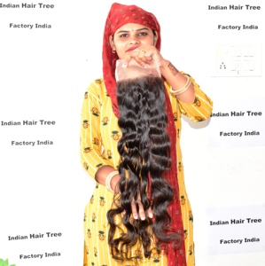 Extensions de cheveux humains 100% naturels, couleur naturelle, pour femmes, closure indienne 5*5, ondulées, double trame, ondulation profonde, cuticules soyeuses et douces. - Product Image 3