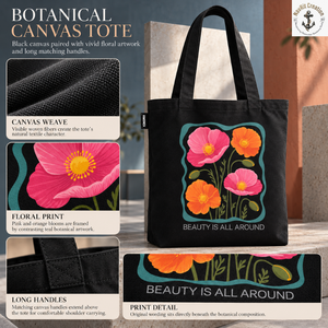 Sac fourre-tout en toile à imprimé floral avec longues poignées de transport |   Sac à bandoulière botanique noir avec fleurs rose-orange pour tous les jours - Product Image 5