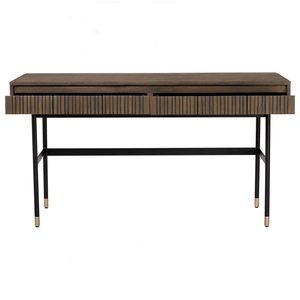 Modern Slatted <b>Wood</b> Office <b>Desk</b> with Industrial Black Metal Frame and Gold-Tipped Legs for Home and Office - Product Image 4
