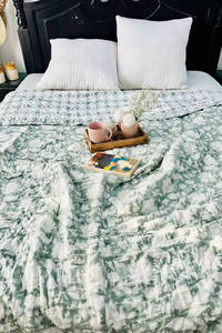 Designer 100% Cotton Material Stylish Hand-block Printed Sage Green Floral <b>Quilt</b> Set Handmade For Home, Hotel <b>Bedding</b> Decor - Product Image 2