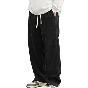 Men's Black Corduroy Wide Leg Pants <b>Elastic</b> Waist Drawstring Casual Loose Fit Straight Leg With Side Pockets Autumn Wear - Product Image 1