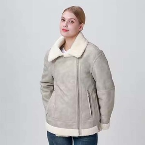 Women Shearling Bomber <b>Jacket</b> With Fur Trim Zipper Closure Winter Warm Coat Full Sleeve <b>Suede</b> <b>Leather</b> Style - Product Image 2