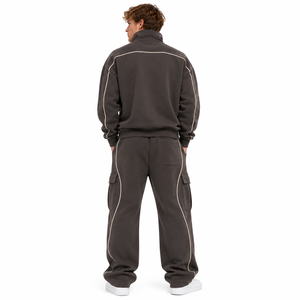 Men's Stand Collar Zip Up <b>Track</b> <b>Jacket</b> Oversized Pipied Hoodies Custom Cargo Pocket Wide Leg Sweatpants Sets Heavyweight Cotton - Product Image 3