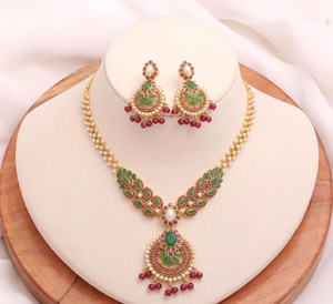 Ruby Emerald Pearl Gemstone <b>Necklace</b> Set 22K Gold Plated Indian Bridal Wedding Jewelry Ethnic <b>Statement</b> <b>Necklace</b> Earrings - Product Image 1