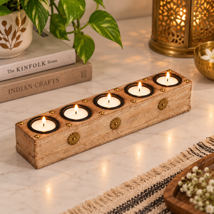 Indirae Artistry Porte-bougie en bois artisanal à 5 blocs |   Support de bougie tealight rustique |   Décoration de Noël et d'anniversaire pour la maison - Product Image 6