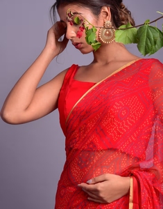 KV <b>Red</b> Chiffon <b>Saree</b> With Blue Bandhani Print With Unstitched Blouse - Product Image 3