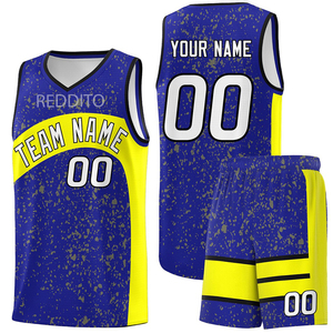 Reddito Sports Custom Basketball Uniform <b>Set</b> Men Blue Yellow V-Neck Stand Collar Digital Printed Breathable Quick Dry Polyester - Product Image 1