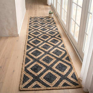 Alfombra Geométrica de Yute Rectangular, Estilo Bohemio, Tejido Plano, Antideslizante, para Sala de Estar, Azul Beige, Fibra Natural - Product Image 2