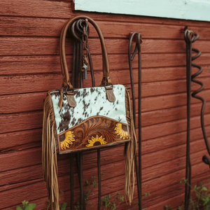 Sac fourre-tout en cuir de vachette tressé Western Sunflower avec franges |   Sac à main en cuir à poils pour femmes - Product Image 1