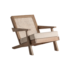 Mid-Century Modern Outdoor Lounge <b>Chair</b> Solid Teak Premium Woven <b>Cane</b> Backrest Thick Upholstered Cushion Durable Furniture - Product Image 2