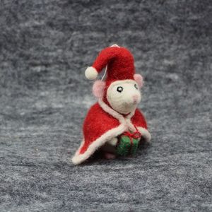 Handcrafted <b>Wool</b> Mouse Christmas Ornament Red Santa Hat Green Gift Indoor Decor Traditional Style 3.9in Height - Product Image 3