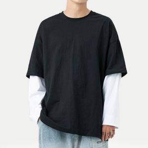 เสื้อยืดแขนสั้นผู้ชายทรงโอเวอร์ไซส์ สีพื้น คอโอ แต่งขอบตัดกัน สไตล์ลำลอง ผ้าถักเนื้อฝ้าย ทรงปกติ - Product Image 2