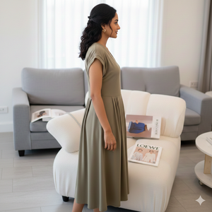 Robe longue Unity Luxure à col en V, taille élastique, imprimé vintage, lavable, coupe simple et amincissante, style A-line - Product Image 3