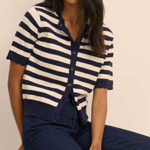 Women Striped Knitted <b>Short</b> <b>Sleeve</b> <b>Crop</b> <b>Cardigan</b> Button Up Collar Nautical Style Summer Casual 100% Cotton - Product Image 5