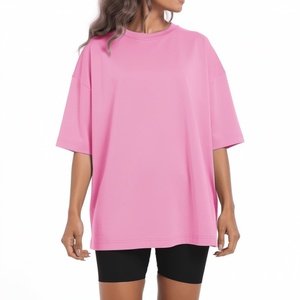 Plus Size Women Oversized T Shirt Pink Crew Neck <b>Three</b> Quarter Sleeve Long Length Solid Color Jersey Fabric Casual Top - Product Image 3