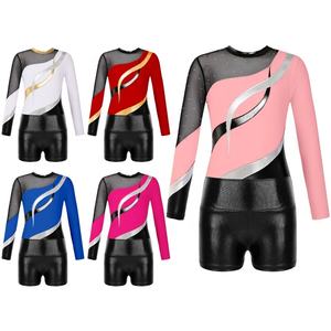 Conjunto de Ropa de Danza Latina para Niñas de 6 a 16 Años, Leotardo con Pantalones Cortos Metálicos para Gimnasia, Patinaje Artístico, Competencia, Espectáculo Escolar - Product Image 1
