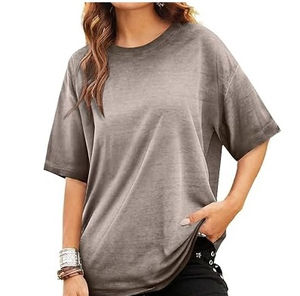 T-shirt décontracté uni pour femme à col rond, coupe classique, 100 % coton, écologique, respirant, délavé à l'acide, pour le yoga et l'entraînement - Product Image 1
