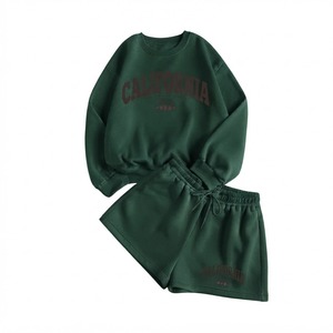<b>Women</b> 2 Piece <b>Green</b> Sweatshirt Set Crew Neck Long Sleeve Loose Fit Letter Print Casual Knitted Shorts Knee All Seasons Thermal - Product Image 1