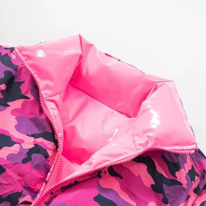 Chaqueta Corta Acolchada con Capucha Rosa, Estilo Informal, Cortavientos, para Invierno, con Forro de Camuflaje, Relleno de Poliéster con Revestimiento de PU - Product Image 4